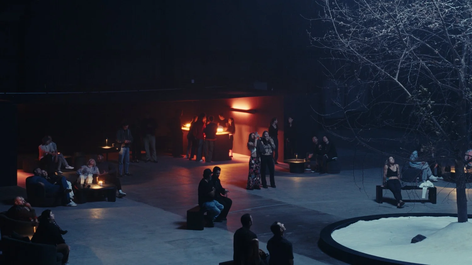 Seating around the stage platforms inside the soundstage